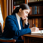 A professional Russian linguist, elegantly dressed in a modest business suit, seated at a dark wooden desk in a grand, well-lit study. The person is deep in thought, holding a fountain pen over an open notebook filled with intricate Cyrillic script. Tall, classic bookshelves filled with numerous books line the walls, creating an atmosphere of deep learning and intellectual pursuit. The lighting is warm and inviting, highlighting the scholarly environment. fully clothed, modest clothing, appropriate attire, professional dress, safe for work, appropriate content, perfect anatomy, correct proportions, natural pose, well-formed hands, proper finger count, natural body proportions, professional photography, high quality, family-friendly.