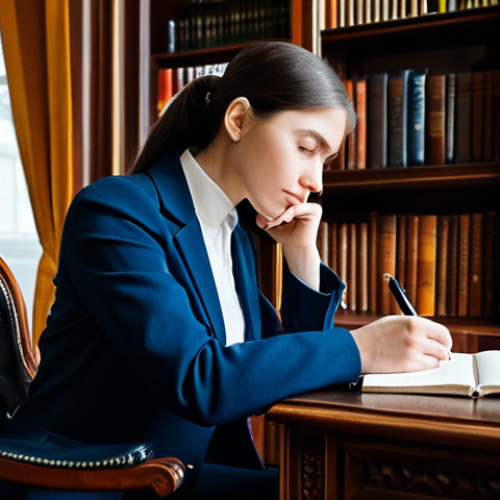 A professional Russian linguist, elegantly dressed in a modest business suit, seated at a dark wooden desk in a grand, well-lit study. The person is deep in thought, holding a fountain pen over an open notebook filled with intricate Cyrillic script. Tall, classic bookshelves filled with numerous books line the walls, creating an atmosphere of deep learning and intellectual pursuit. The lighting is warm and inviting, highlighting the scholarly environment. fully clothed, modest clothing, appropriate attire, professional dress, safe for work, appropriate content, perfect anatomy, correct proportions, natural pose, well-formed hands, proper finger count, natural body proportions, professional photography, high quality, family-friendly.