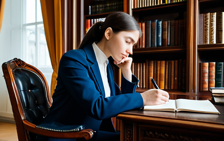 A professional Russian linguist, elegantly dressed in a modest business suit, seated at a dark wooden desk in a grand, well-lit study. The person is deep in thought, holding a fountain pen over an open notebook filled with intricate Cyrillic script. Tall, classic bookshelves filled with numerous books line the walls, creating an atmosphere of deep learning and intellectual pursuit. The lighting is warm and inviting, highlighting the scholarly environment. fully clothed, modest clothing, appropriate attire, professional dress, safe for work, appropriate content, perfect anatomy, correct proportions, natural pose, well-formed hands, proper finger count, natural body proportions, professional photography, high quality, family-friendly.