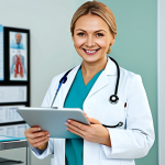 ** A professional female doctor in a bright, modern Moscow hospital office. She's wearing a clean white coat, stethoscope, and modest medical scrubs. She's smiling warmly and holding a tablet showing medical information. Safe for work, appropriate content, fully clothed, professional, perfect anatomy, natural pose, high quality.

**