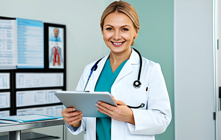 ** A professional female doctor in a bright, modern Moscow hospital office. She's wearing a clean white coat, stethoscope, and modest medical scrubs. She's smiling warmly and holding a tablet showing medical information. Safe for work, appropriate content, fully clothed, professional, perfect anatomy, natural pose, high quality.
**