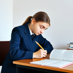 **A young woman sitting at a desk with a Russian grammar textbook, concentrating on падежи (cases), with a playful illustration of the cases as different characters. Bright, academic setting. Safe for work, appropriate content, fully clothed, professional, modest, perfect anatomy, natural proportions, learning environment.**
