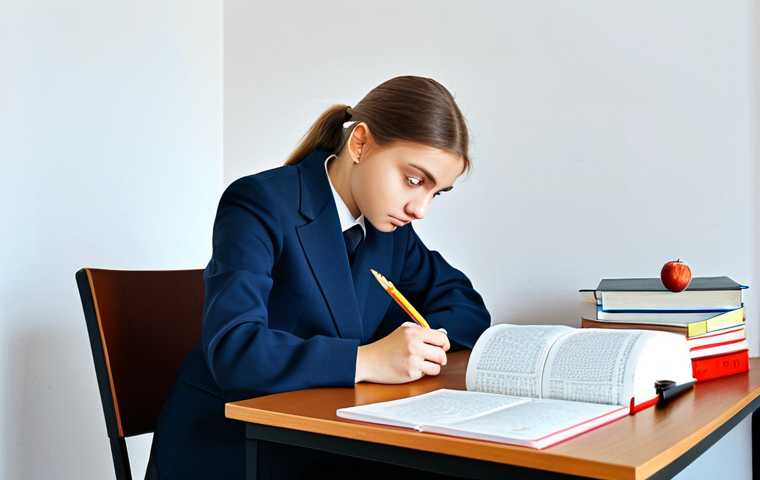 **A young woman sitting at a desk with a Russian grammar textbook, concentrating on падежи (cases), with a playful illustration of the cases as different characters. Bright, academic setting. Safe for work, appropriate content, fully clothed, professional, modest, perfect anatomy, natural proportions, learning environment.**