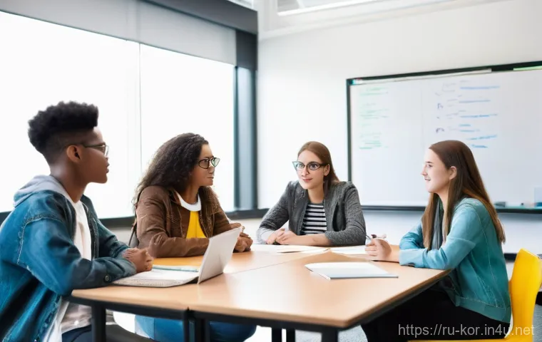 국어 평가에서의 개방형 질문 활용 - **Prompt:** "A diverse group of teenagers (15-18 years old), dressed in modern, casual clothing, are...