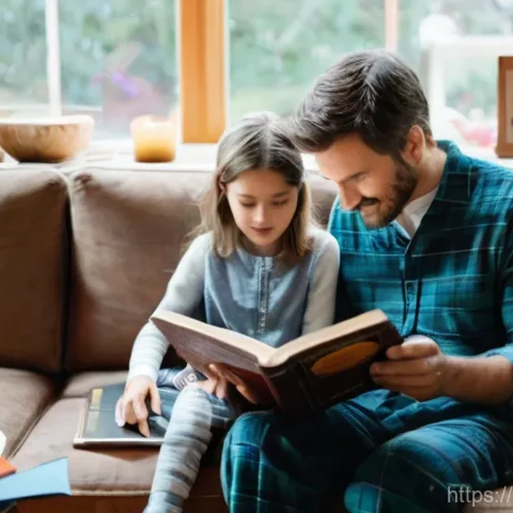 독서 지도 방법 - **Prompt:** A cozy, warm living room with soft natural light streaming through a window. A kind-face...