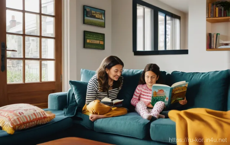 독서 지도 방법 - **Prompt:** A cozy, warm living room with soft natural light streaming through a window. A kind-face...