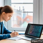 국어 학습에서의 코퍼스 활용 - A detailed modern digital workspace scene featuring a young Russian language learner sitting at a sl...