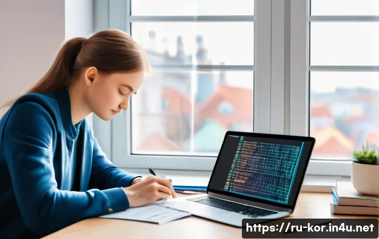 국어 학습에서의 코퍼스 활용 - A detailed modern digital workspace scene featuring a young Russian language learner sitting at a sl...