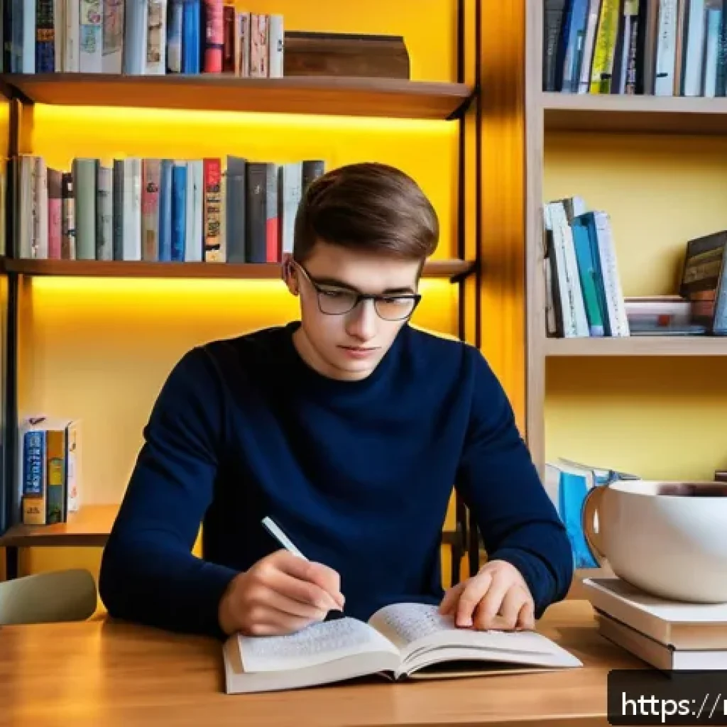 국어 어휘력 평가 기준 - A cozy modern study room in a Russian apartment, with a young adult reading a contemporary Russian-l...