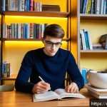 Home 19 국어 어휘력 평가 기준 - A cozy modern study room in a Russian apartment, with a young adult reading a contemporary Russian-l...
