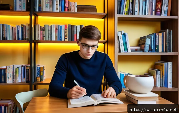 국어 어휘력 평가 기준 - A cozy modern study room in a Russian apartment, with a young adult reading a contemporary Russian-l...