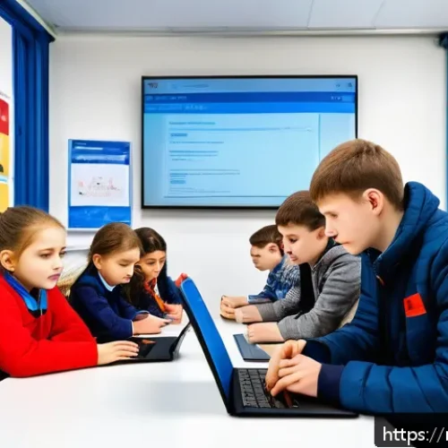 Home 30 국어 교육 정책 변화 분석 - A modern Russian language classroom scene featuring diverse students aged 15 and above, engaged with...