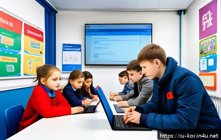 국어 교육 정책 변화 분석 - A modern Russian language classroom scene featuring diverse students aged 15 and above, engaged with...