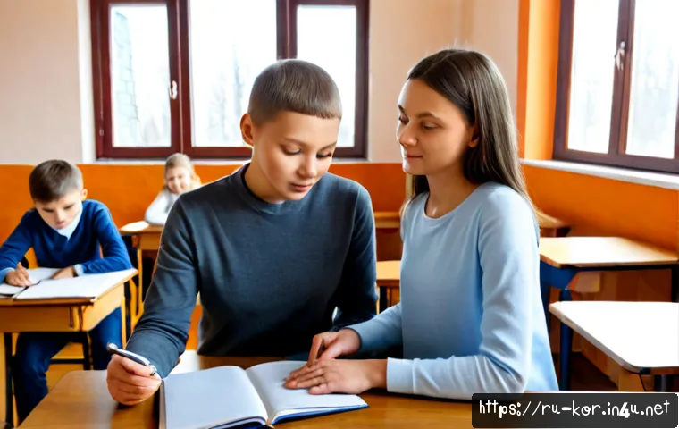 Home 17 국어 교육과 인공지능 - Photorealistic Russian language classroom, a middle-aged teacher guiding diverse teenage students as...
